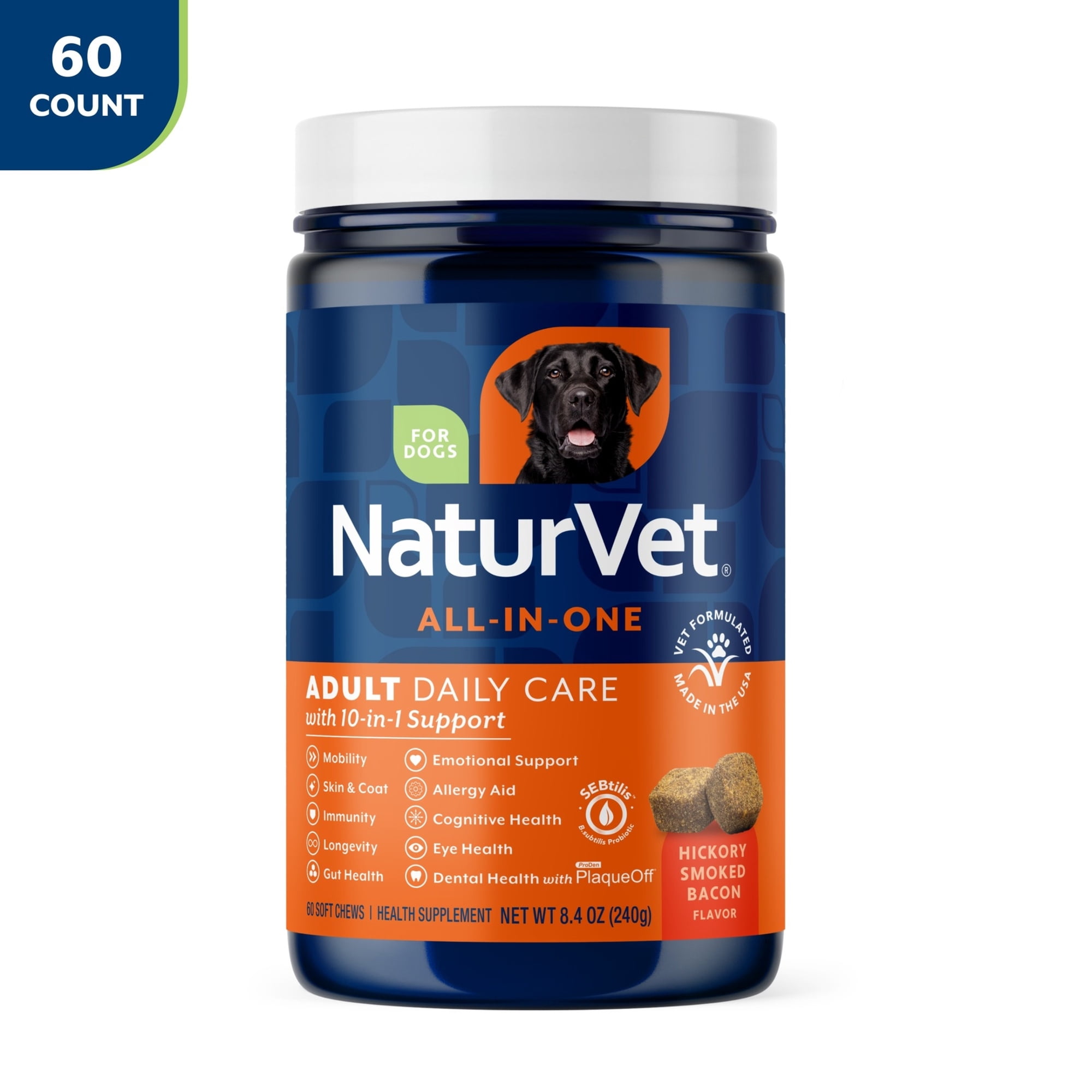 NaturVet Adult Dog Daily Care All-In-One Supplements, 10-In-1, Hickory Smoked Bacon Flavor, 60 Count