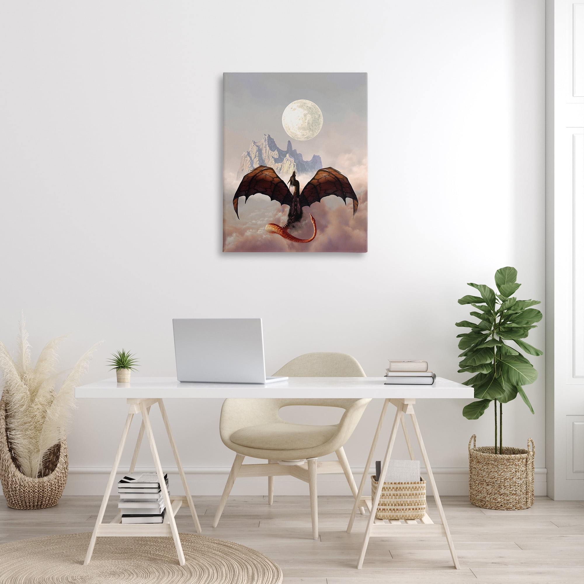 Stupell Industries Dragon & Full Moon Fairy Tales & Fantasy Painting Gallery Wrapped Canvas Art Print Wall Art, 30 x 40