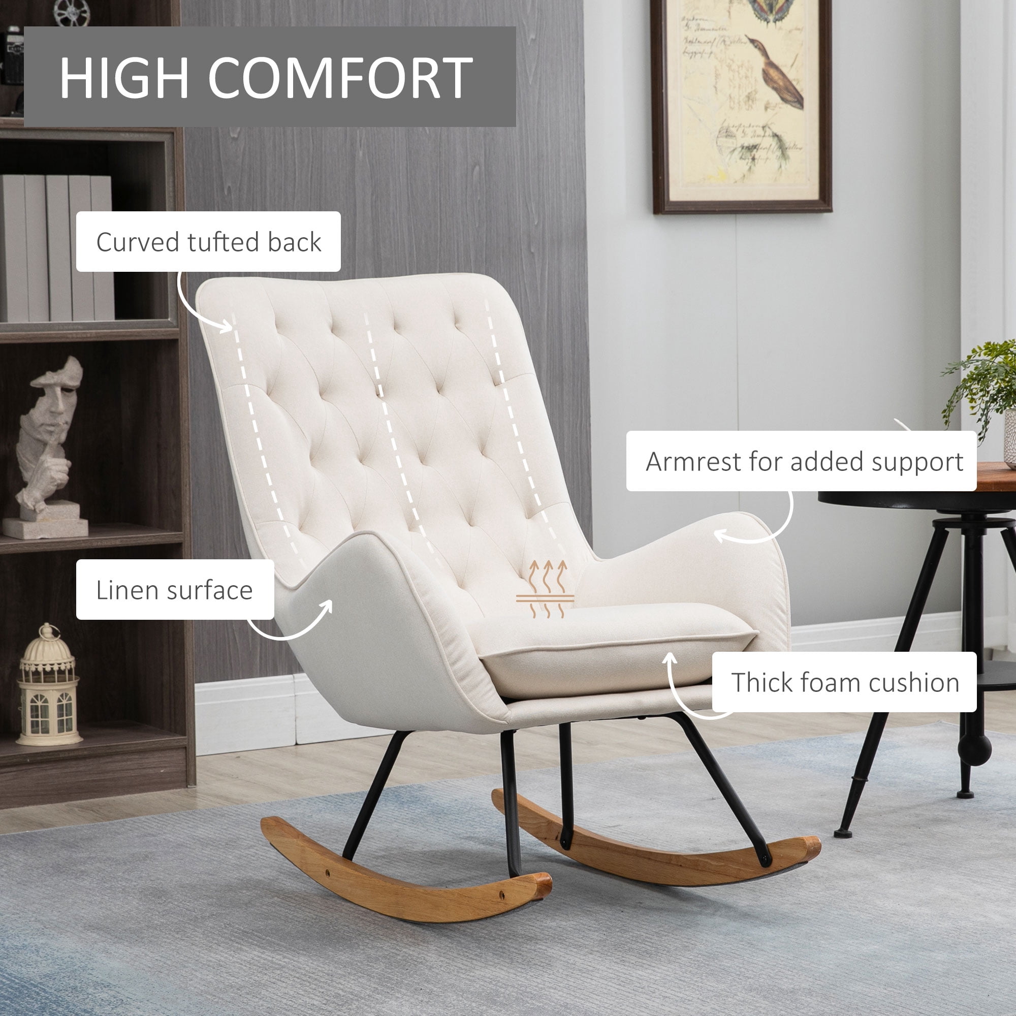 HOMCOM Mid-Century Fabric Rocking Chair Sofa Armchair Tufted Rocker Wingback Accent Chair with Padded Seat, Rubber Wood Base for Home Studio, Bedroom, Living Room, Cream White