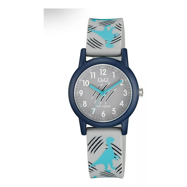 Reloj De Niños Correa Dino Azul Bisel Verde Oscuro Fondo Verde Claro / Huellas