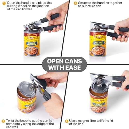 Can Opener Manual Heavy Duty,  Hand Held Can Openers for Seniors with Comfort Grip Sharp Blade, Solid Steel Hand Manual Can Open with Magnet for Kitchen Camping, Gray