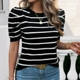thumbnail image 2 of SWSMCLT Women's Soft Knit Tshirt Striped Puff Sleeve Casual Crewneck Knitted Tee Top Short Sleeve Sweater Fall Fashion Cute Loose Spring Black Medium, 2 of 5