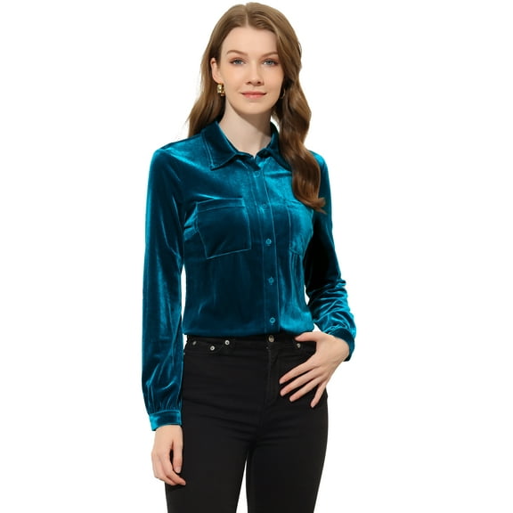 DARING DIVA Women's Office Pocket Front Long Sleeve Button Down Velvet Shirt S Royal Blue