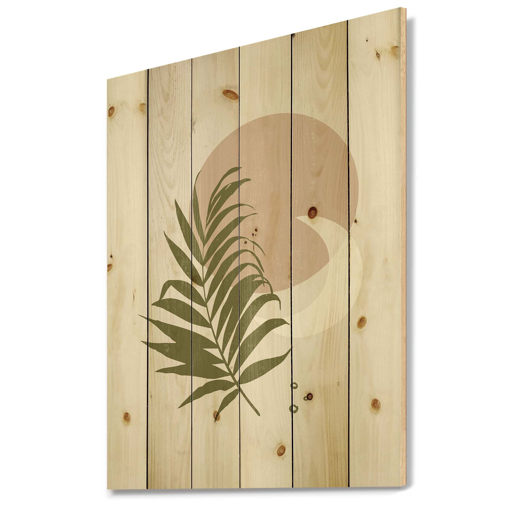 Designart 'Abstract Moon and Sun With Green Leaf II' Modern Print on Natural Pine Wood