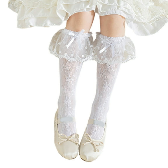 RUISINERY 1 Pair Sweet Styled Middle Calf Socks for Kids with Lace and Bowknot Design Soft and Breathable Nylon In Tube Socks