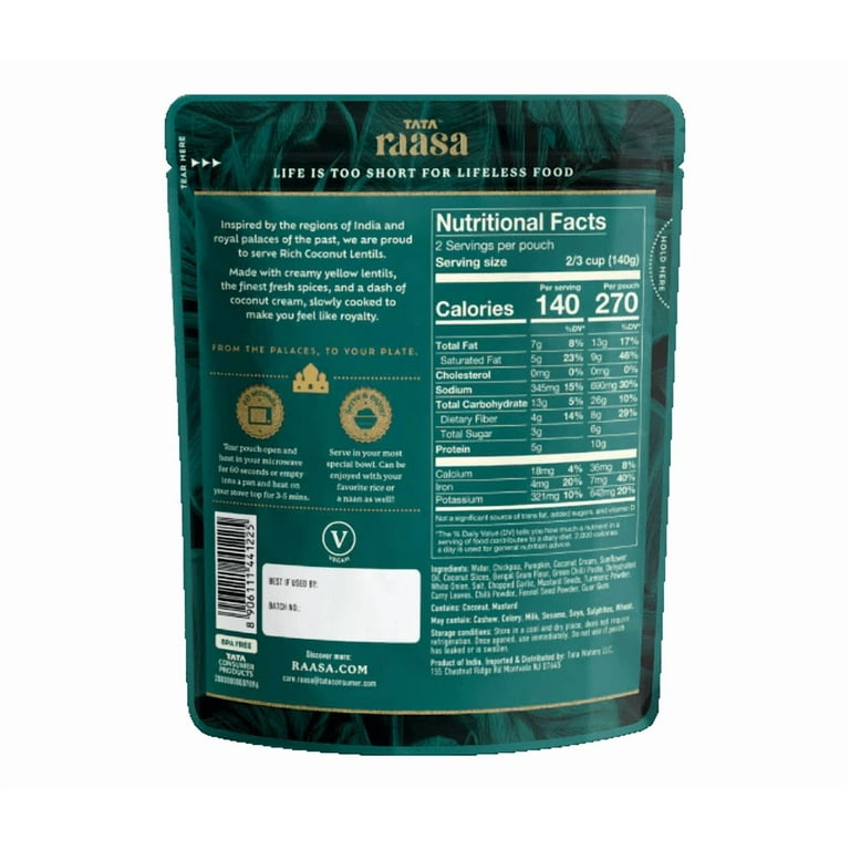 ◯TATA TATA Raasa Rich Coconut Lentils 10oz, Authentic Indian yellow dal