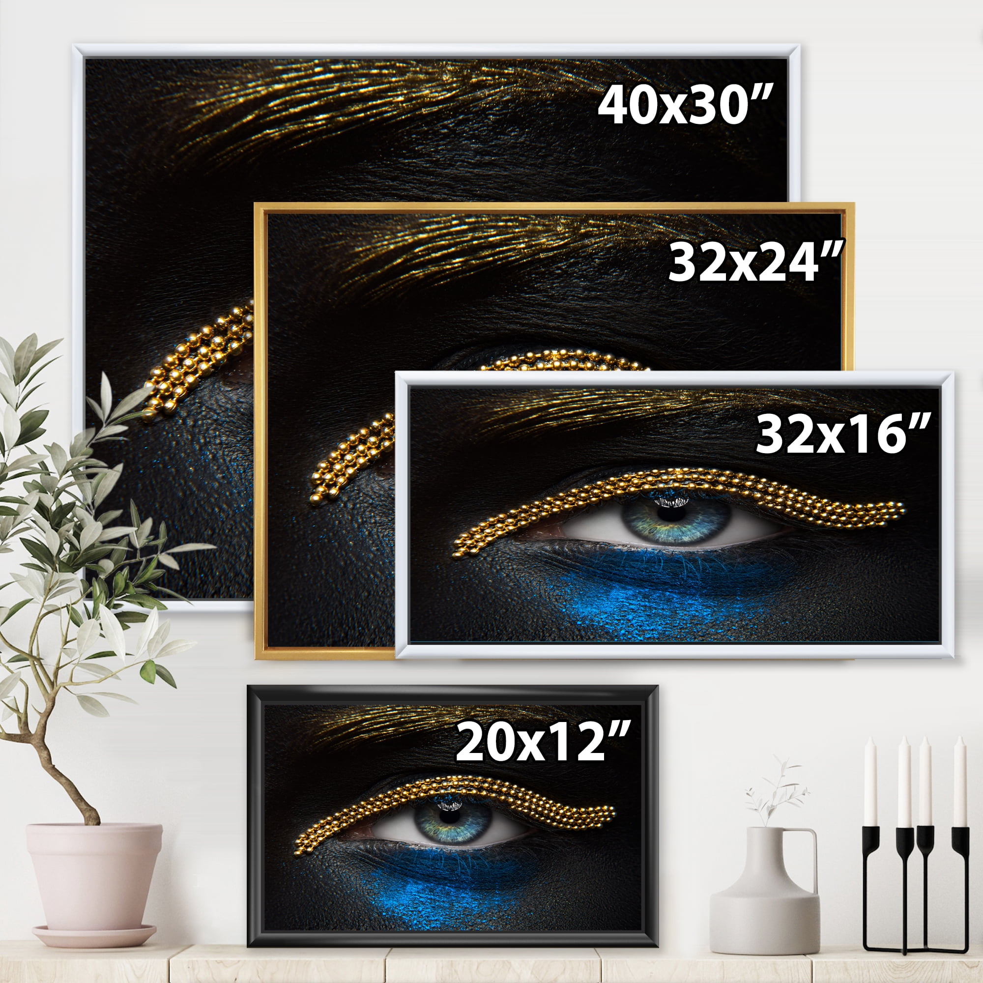 Designart 'Girl Eyes With Gold Chain and Blue Pigment' Modern Framed Canvas Wall Art Print