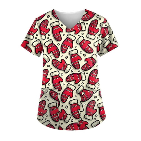 

Women s Plus Size Scrub Uniform Christmas Print V Neck Scrubs Nurse Workwear Top T Shirts