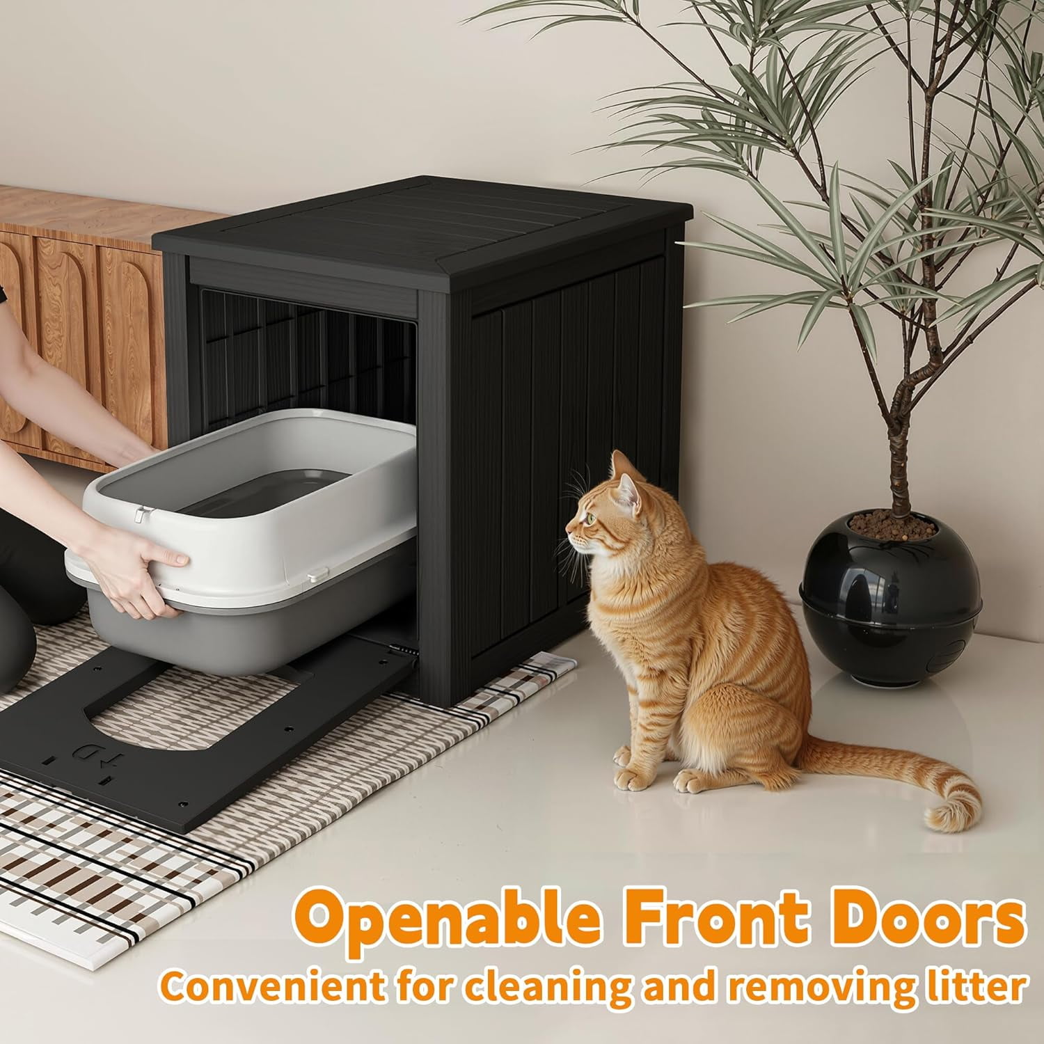 Favory Hidden Cat Litter Box Enclosure Furniture, Indoor Outdoor Cat House Side Table with Openable Door & Raised Floor, Easy Clean Assemble, Black