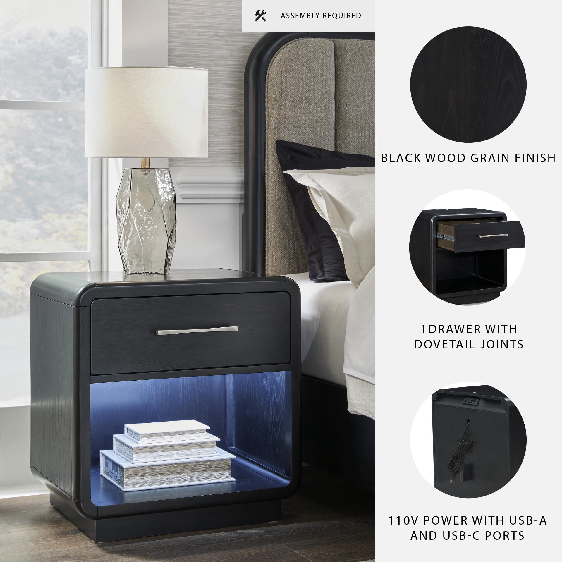 Signature Design by Ashley Rowanbeck 1-Drawer Nightstand, Black, Contemporary Bedside Table with LED Nightlight and USB Charging