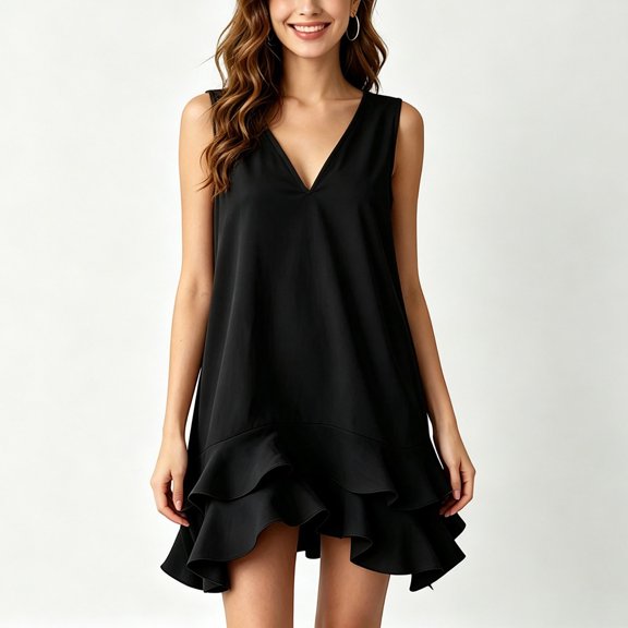 QUNYINEY Sleeveless Womens Sun Dresses A Line Mini Black Summer Tank Dress V Neck Casual Ruffle Loose Fit Dresses