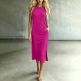 thumbnail image 2 of Dresses for Women Solid Color Round Neck Sleeveless Maxi Dress with Pockets and Side Slits Fashion Outfit L, 2 of 7