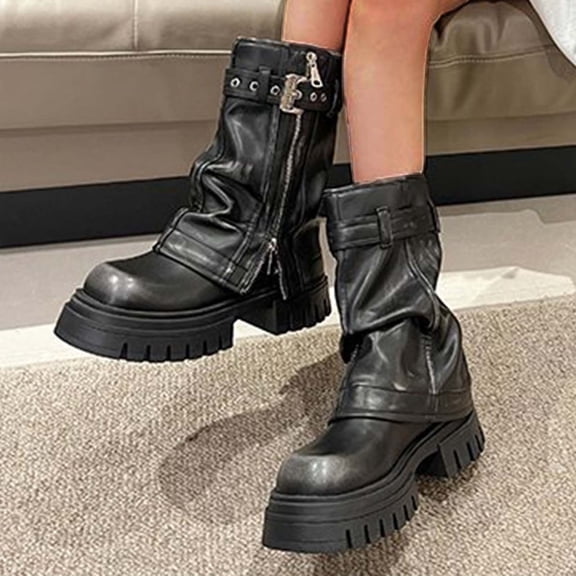 JUSLIO Womens Boots,Chunky Heel Boots Comfort Platform Solid Color Fashion Casual Mid Calf Boots