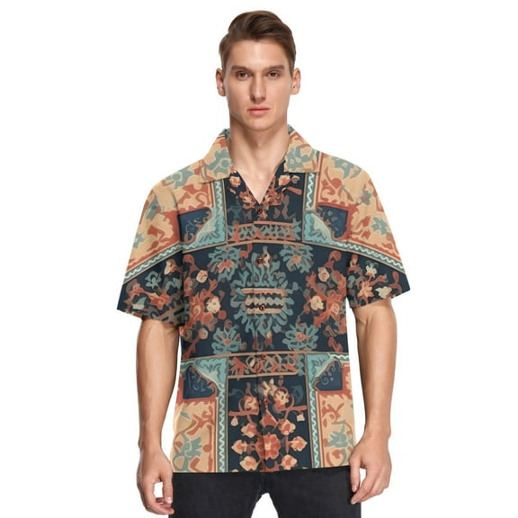 Traditional Pattern Vintage Men's Hawaiian Wrinkle Free Button Down Short Sleeve Shirt Casual Shirts Beach Shirts