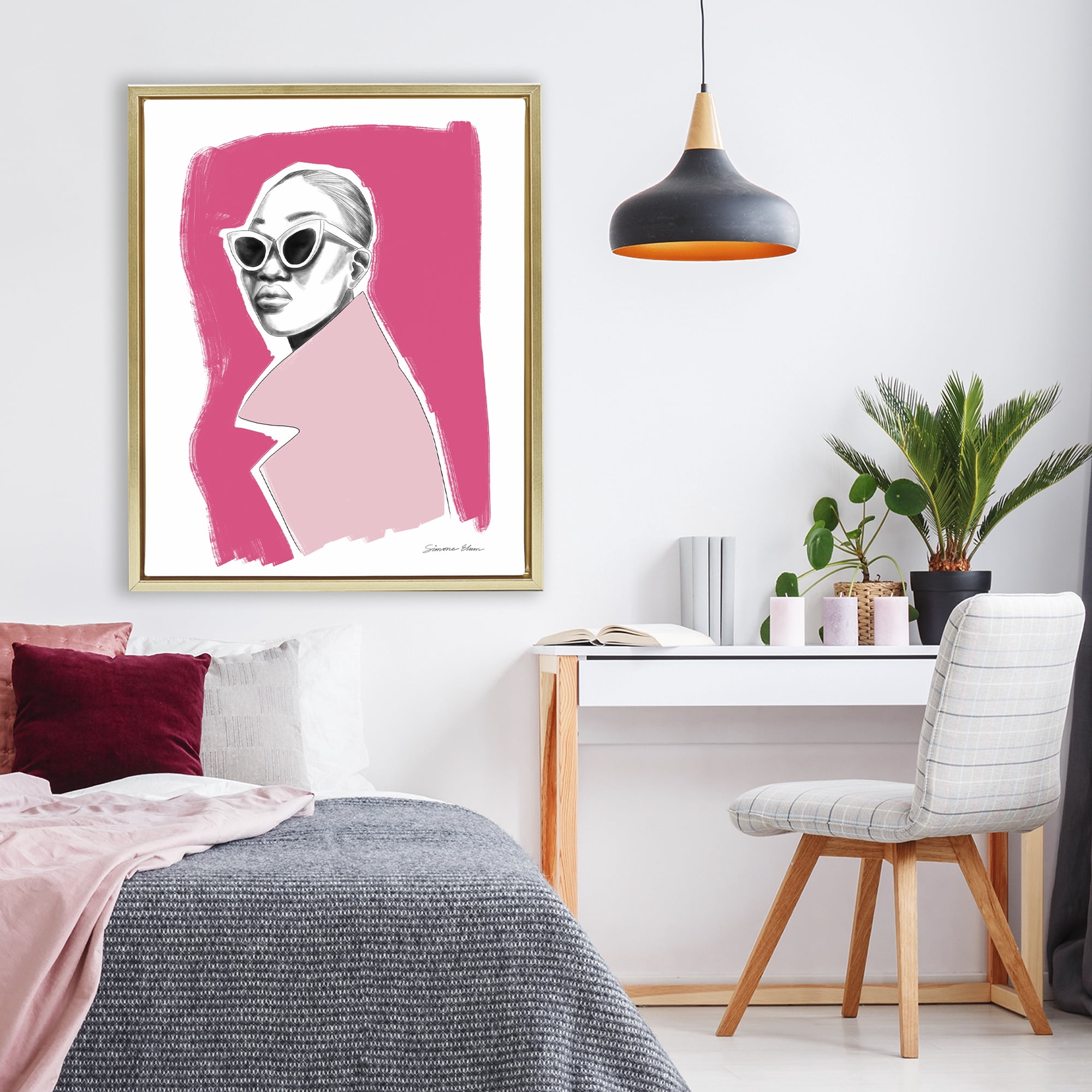 Stupell Industries Pink Attitude Fashion Portrait Gold Framed Floater Canvas Wall Art, design by Simone Elum