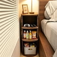 thumbnail image 3 of Fluted Narrow Nightstands with Sliding Tambour Doors, 3-Tier Slim Bedside Table with Open Shelf for Small Space, Walnut, 3 of 7