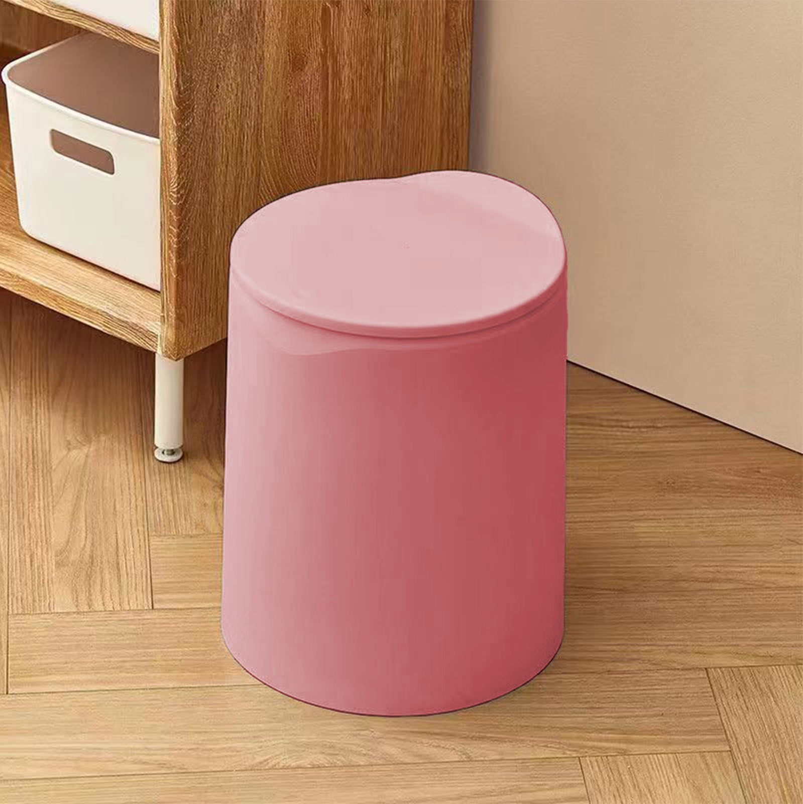Pink Bathroom Trash Can with Lid,Portable Press Type With Lid Trush Bucket,Modern White Mini Waste Bin ,Plastic Garbage Can for Kitchen, Bathroom, Bedroom,Office, Under Desk
