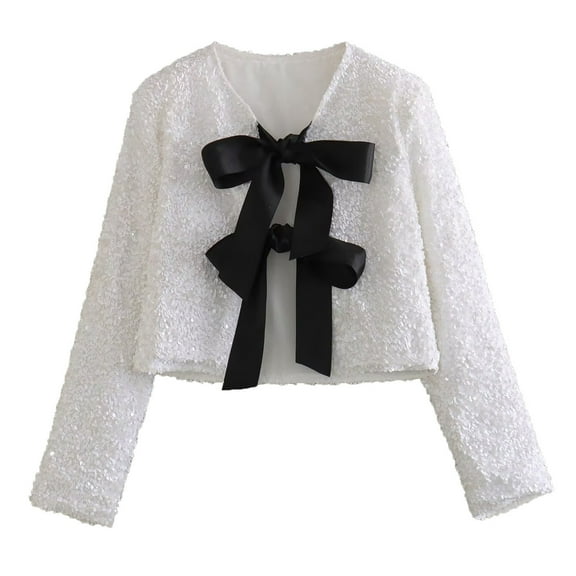 Women Tie Front Sequin Jacket Long Sleeve Sparkly Cropped Coat Outwear with Bow Party Bow Party Concert Night Club (XS, White)