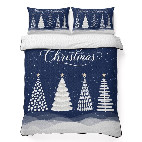 Quilts Full Size Bedding Set, Navy Blue Christmas Lightweight Quilted Comforter, Xmas Trees Snowflake Snowy Winter Soft Reversible Bedspread Coverlet with Pillow Covers for All Season, 78" x 90"