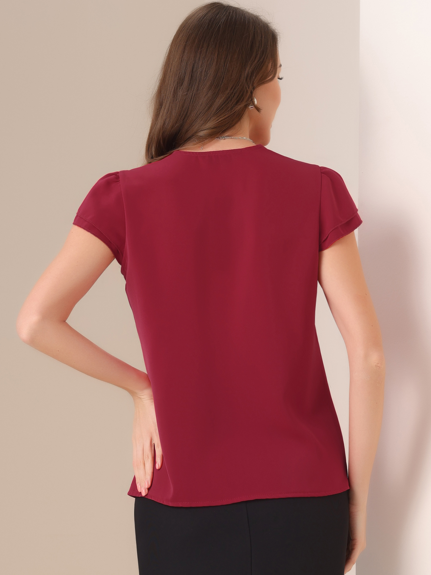 DARING DIVA Women's Summer Office Tops V-Neck Solid Color Chiffon Blouse S Red