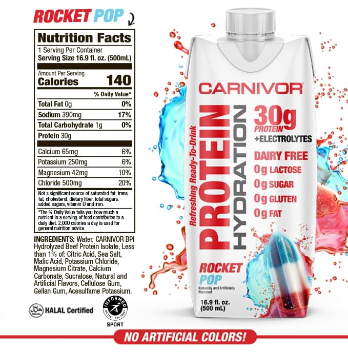 MuscleMeds Carnivor Protein Hydration RTD, Ready to Drink, Lactose Free, Sugar Free, 30g Isolate Protein, Halal Certified, Rocket Pop, 16.9 Fl. Oz., 12 Pack