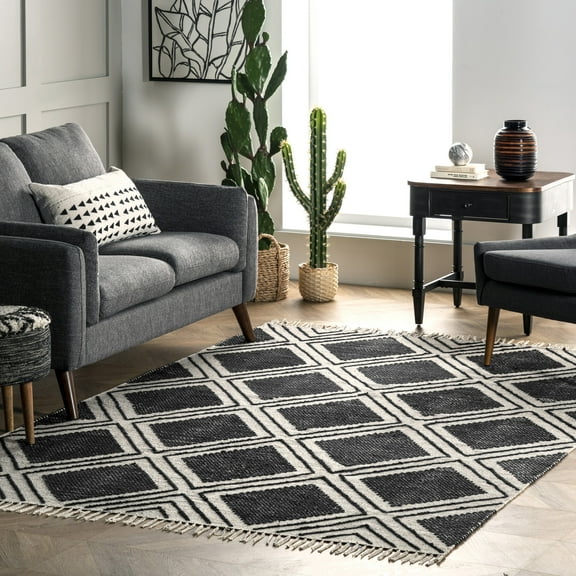 nuLOOM Ailey Cotton Diamond Trellis Tassel Area Rug, 5' x 8', Black