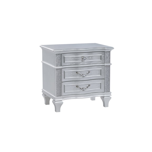 JERFIT Modern Nightstand with 3 Drawers, Velvet Lined Storage, Crystal Accents & Handles, Silver Finish for Contemporary Bedroom