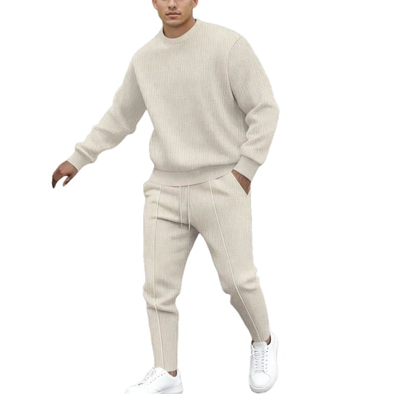 Mens Waffle Fabric 2 Piece Matching Lounge Set Athletic Stretch Crew Neck Sweatshirt Long Sleeved Pullover Sweater Blouses Athletic-Fit Drawstring Elastic Waist Sweatpants