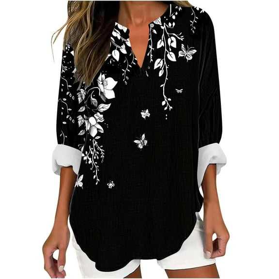 Uootdi Long Sleeve Shirts for Women Plus Size Lightweight V Neck Tunic Tops Soft Floral Gift Printed Boho Vacation T-Shirts Fall