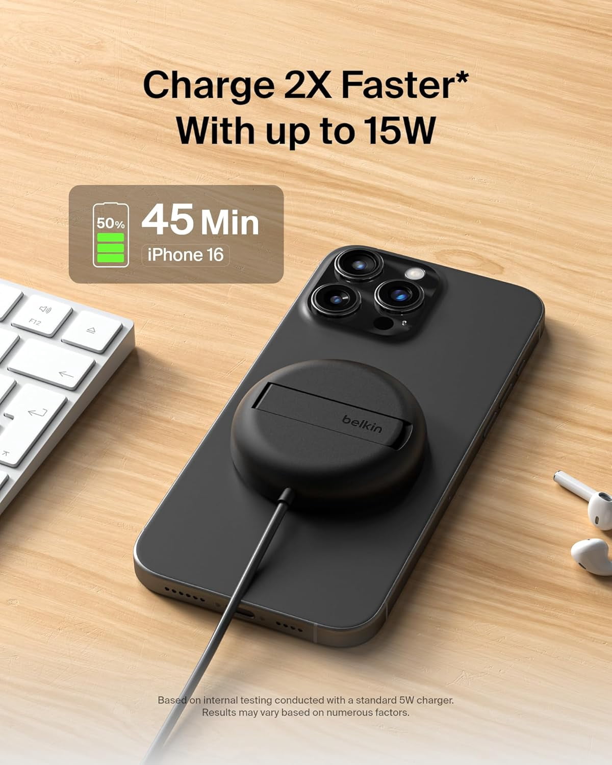 Belkin Magnetic Wireless Charging Pad 15W w/Pop-Up Stand - MagSafe-Compatible Qi2-Wireless Charger, Power Supply Not Included - Black