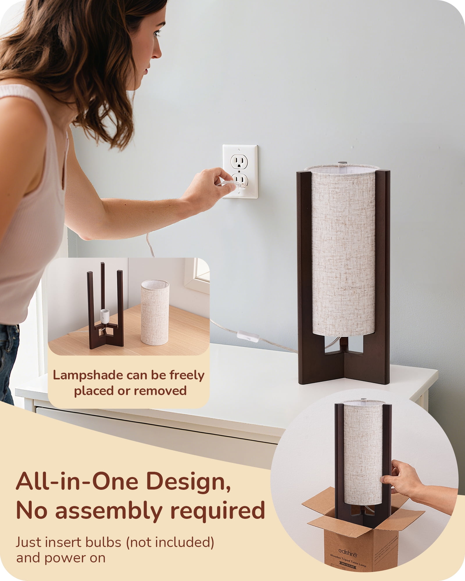 EDISHINE Table Lamp for Living Room Bedroom Wood Body Linen Shade E26 Base