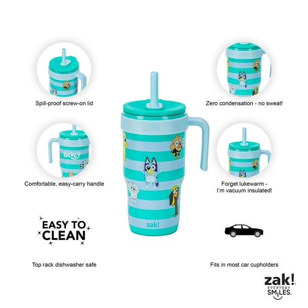 Zak Designs 18oz Bluey Kids Straw Handle Tumbler, Stainless Steel