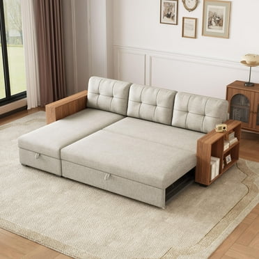 84" Sectional Sleeper Sofa with Storage Chaise, L Shaped Pull Out Sectional Couch Bed with Wooden Armrests and 3 Removable Back Cushion for Living Room,Apartment,Office,Beige