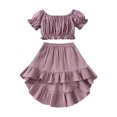 thumbnail image 2 of Franhais Baby Girls 2PCS Plain Outfits, Short Sleeve Ruffle Off-Shoulder Hollow Tops, Irregular Midi Skirt, Toddler Ruched Summer Outfits, 2 of 9