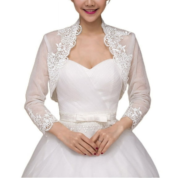 Shinycome Women 3/4 Sleeves Wedding for Jacket Cape Embroidery Floral Lace Trim Wrap Shrug Bolero Evening Bridal Capelet Cardigan