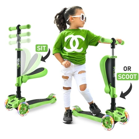 Hurtle Fitness HURFS69G - ScootKid 3-Wheel Kids Scooter - Child & Toddler Toy Scooter with Built-in LED Wheel Lights, Fold-Out Comfort Seat (Ages 1+) Green
