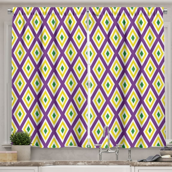 Ambesonne Mardi Gras Kitchen Curtains, Traditional Carnival, 55"x45", Purple Yellow Green
