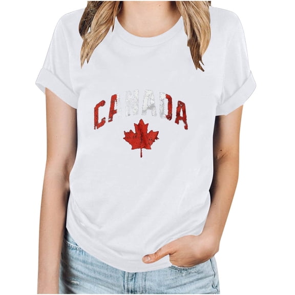 WREESH Women's Canada Day Maple Leaf T-Shirt Casual Short Sleeve Round Neck Graphic Top White