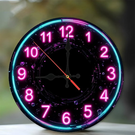 Neon Clock Wall Decor Pink Blue Light 10-Inch Silent Wooden Wall Clock, Battery Operated (AA Batteries Not Included), Artistic Home Decor