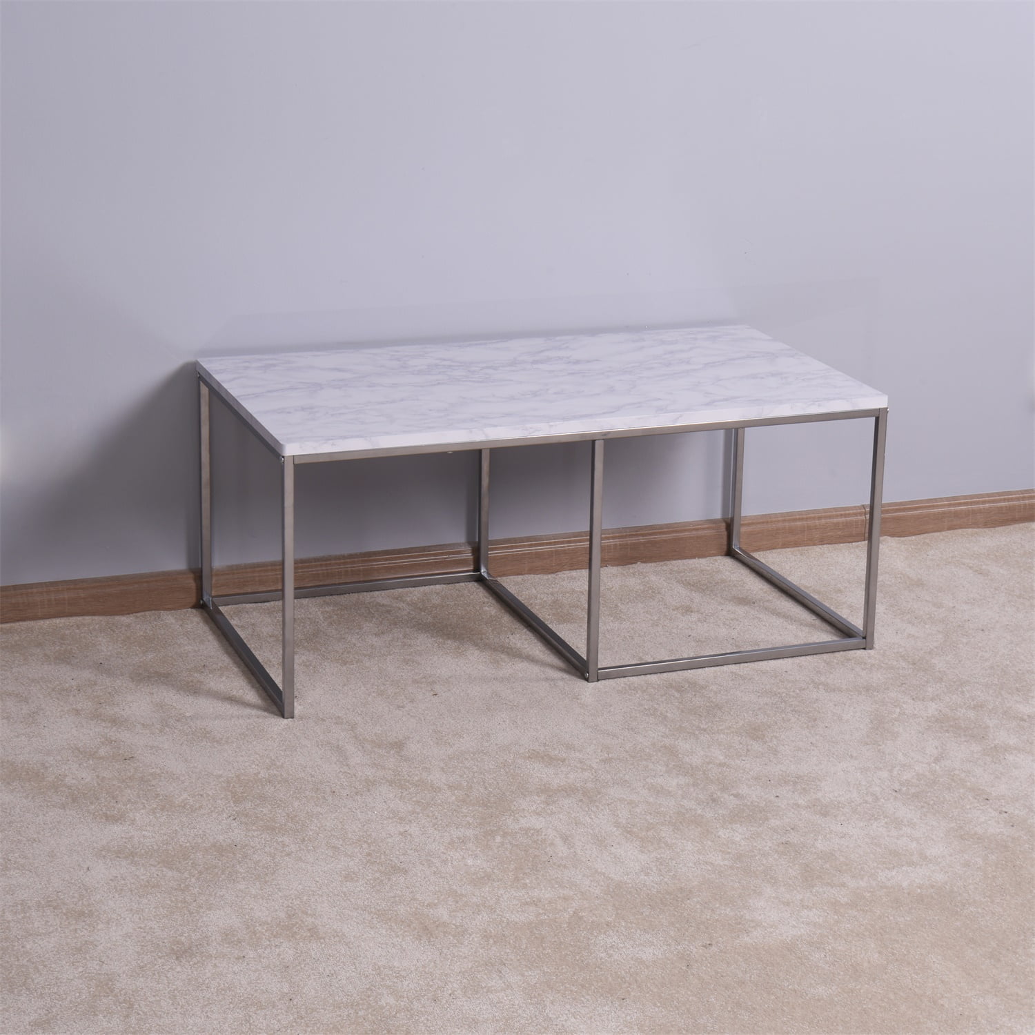Living Room White Nesting Table, Coffee Table with Wooden MarbleTop, Metal Legs, White Living Room White Nesting Table, Coffee Table with Wooden MarbleTop, Metal Legs, White