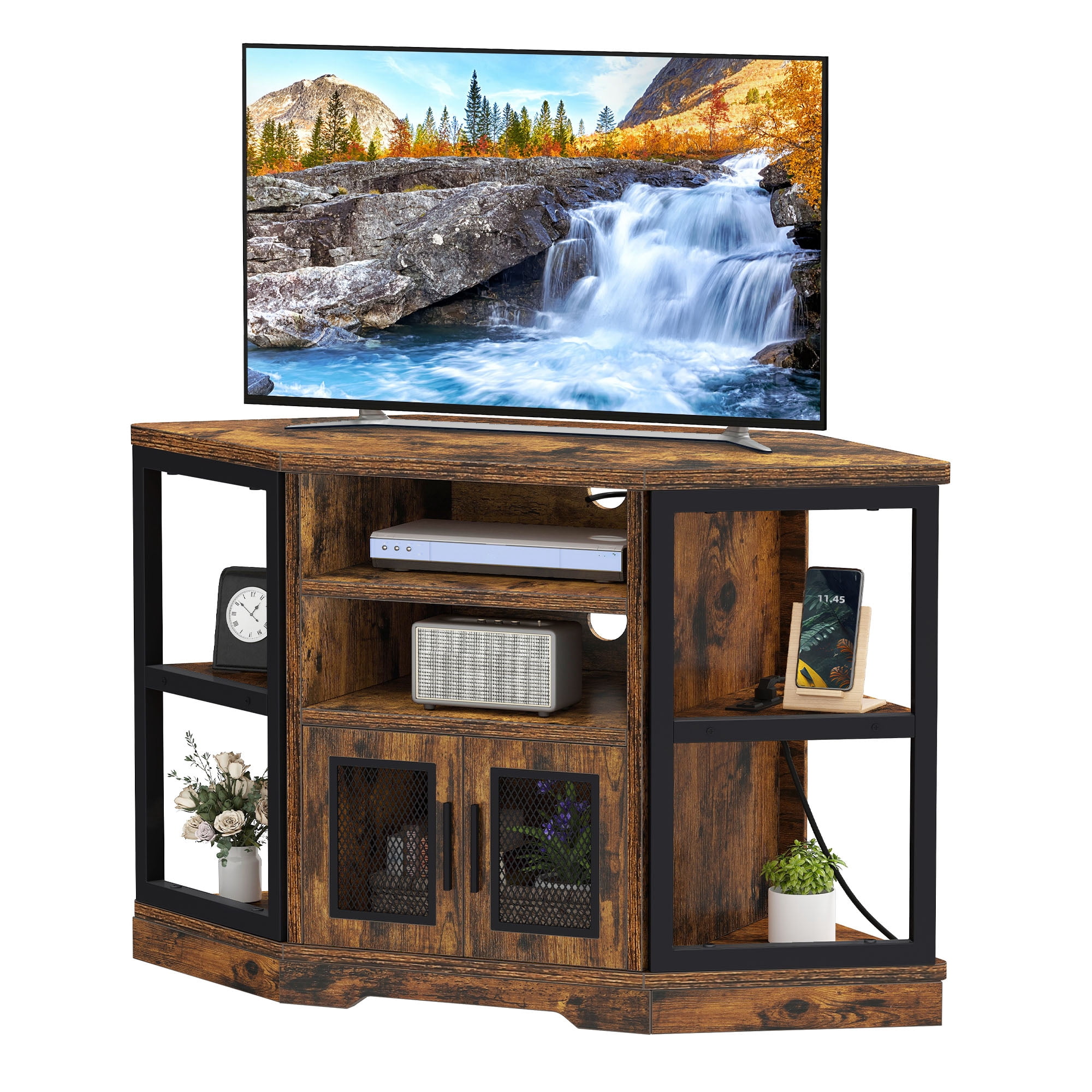 Uforic Corner TV Stand for TVs up to 55", Farmhouse Entertainment Center with Power Outlet,Brown