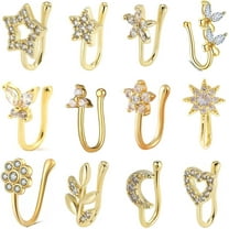 12 Pieces Fake Nose Ring Ear Clips Studs Non Piercing Earrings Inlaid CZ Flower Star Heart Non Piercing Jewelry U Shape Faux Nose Ring Spring Clip on Circle Hoop No Pierced Body Jewelry
