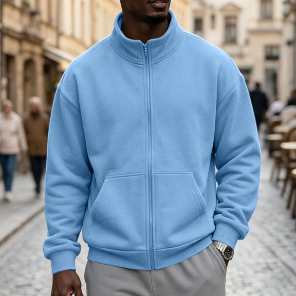 Mens Full Zip Jacket Fleece Sweatshirt Long Sleeve Stand Collar Casual Fall Winter Sportswear Outerwear Top with Front Pockets Light Blue 2XL