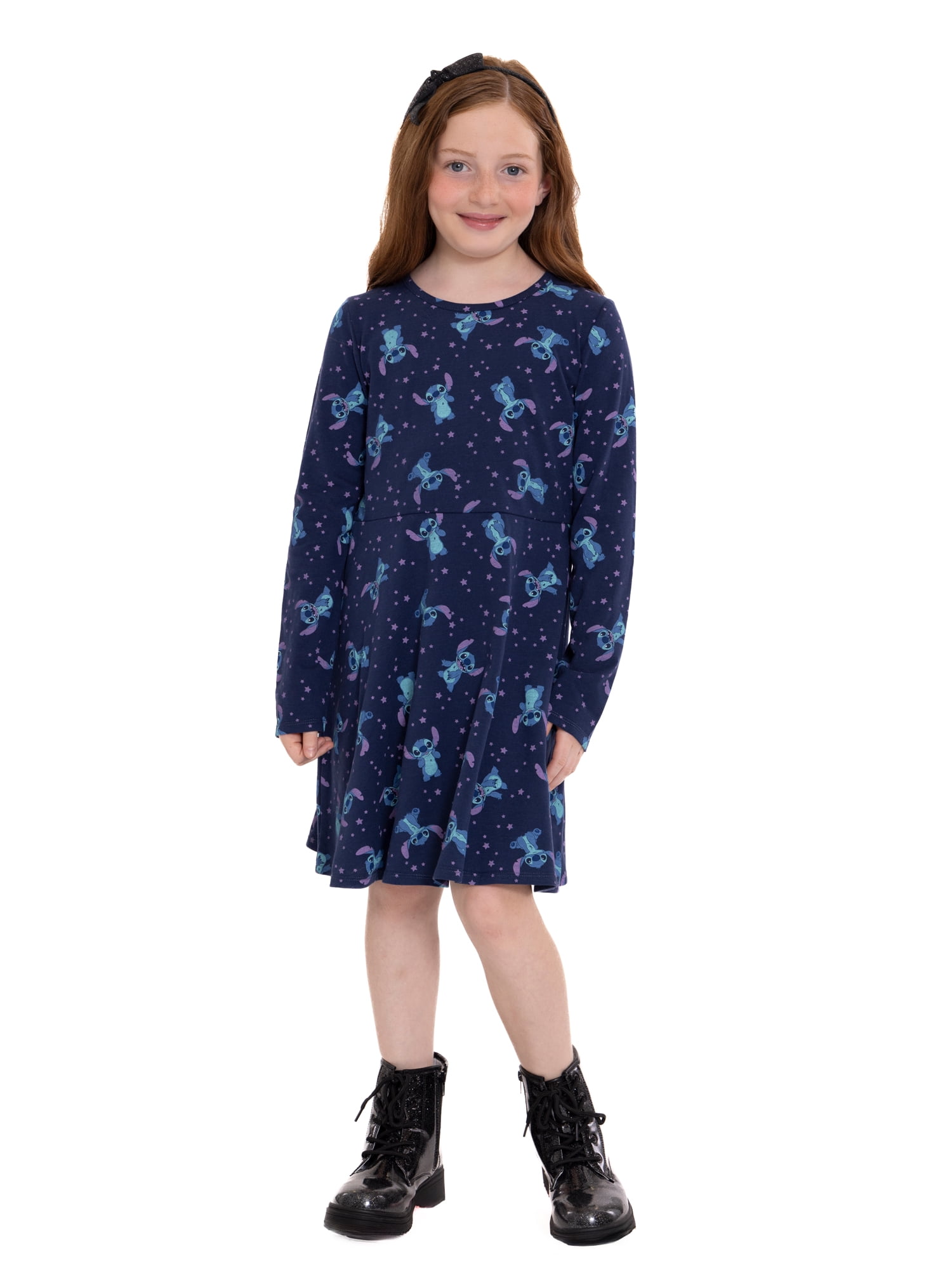 Stitch Girls Print Skater Dress with Long Sleeves, Sizes 4-16