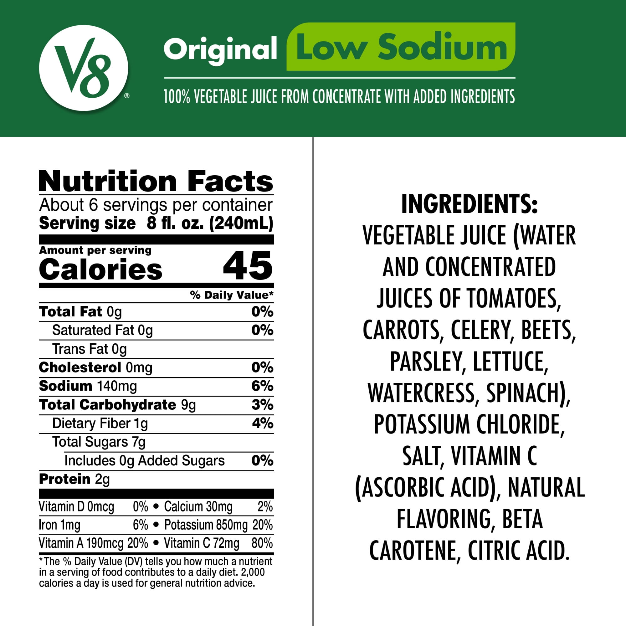 V8 Low Sodium Original 100% Vegetable Juice, 46 fl oz Bottle