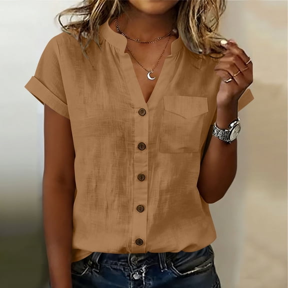 ClodeEU Women's Linen Blend V Neck Short Sleeve Shirt ,Solid Color Casual Blouse with Pocket Khaki,Womens Plus S