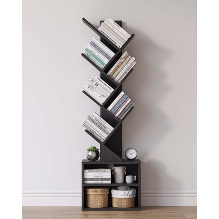 Black 6-Tier Tree Bookshelf With Storage Cabinet Modern Tall Narrow Floor Standing Bookcase For Bedroom Living Room Home Office