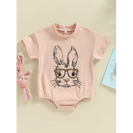 

Emmababy Bunny Print Easter Clothes Baby Girl Short Sleeve Oversized Romper Infant One Piece Bodysuit Newborn Summer Outfits (Pink 12-18 Months )