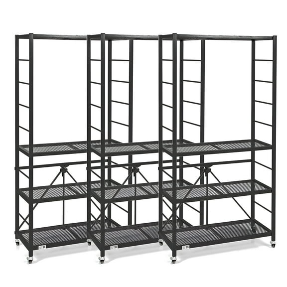 Origami 3 Pack Folding Steel Storage Rack, Adjustable Shelves, R2, Black