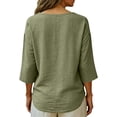 thumbnail image 5 of Women's Cotton Linen Blend T-Shirts 3/4 Sleeve V Neck Loose Fit Casual Tops Summer Pullover Shirts Daily Wear Army Green 2XL, 5 of 7